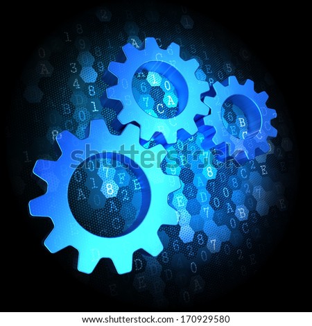 Blue Cogwheel Gear Mechanism Icon on Dark Digital Background.