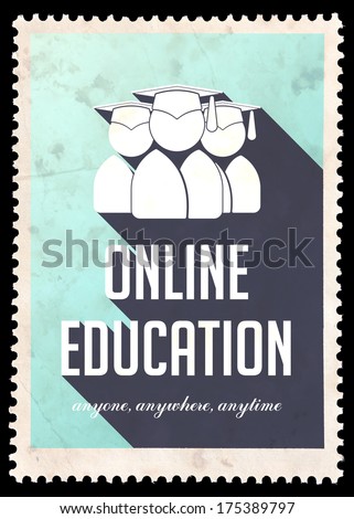 Online Education on Light Blue Background. Vintage Concept in Flat Design with Long Shadows.