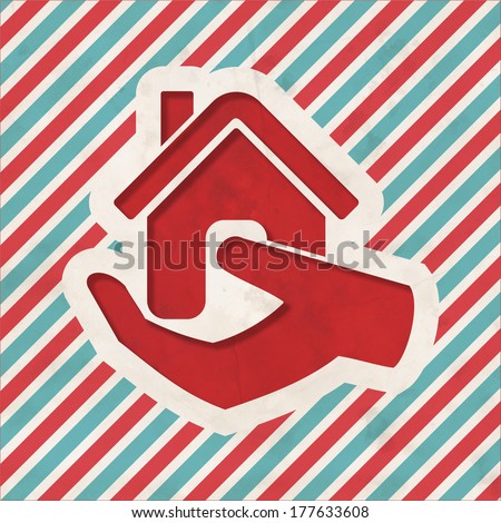 Home in Hand Icon on Red and Blue Striped Background. Vintage Concept in Flat Design.