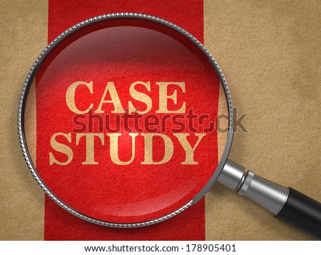 Case Study concept. Magnifying Glass on Old Paper with Red Vertical Line Background.