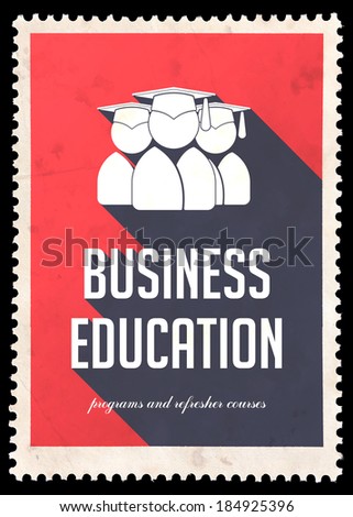 Business Education on Red Background with Icon of Graduates. Vintage Concept in Flat Design with Long Shadows.