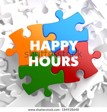 Happy Hours on Multicolor Puzzle on White Background.