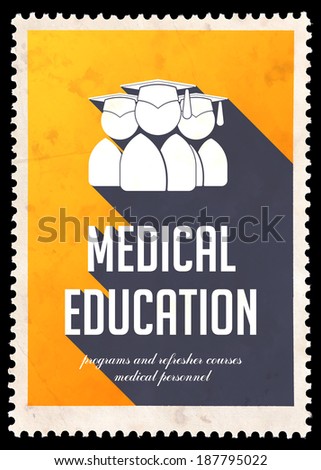Medical Education on Yellow Background. Vintage Concept in Flat Design with Long Shadows.