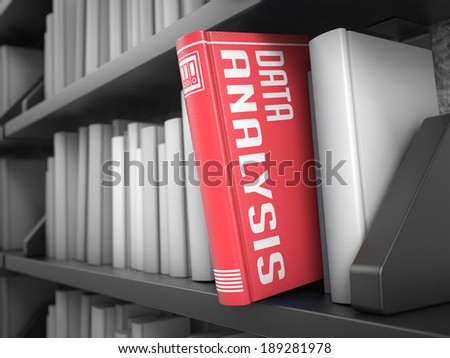 Data Analysis - Scarlet Book on the Black Bookshelf between white ones. Data Concept.