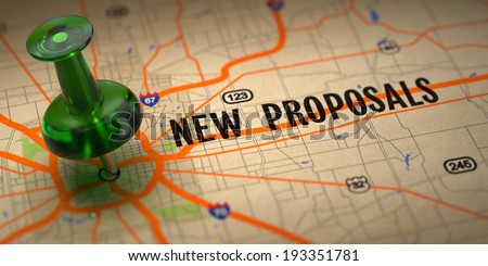 New Proposals Concept - Green Pushpin on a Map Background with Selective Focus.