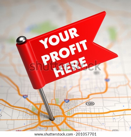 Your Profit Here Concept - Small Red Flag on a Map Background with Selective Focus.