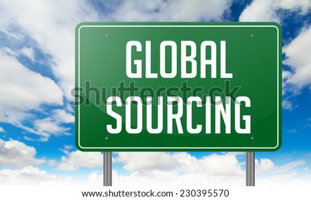 Highway Signpost with Global Sourcing  wording on Sky Background.
