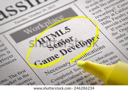HTML5 Senior Game Developer Vacancy in Newspaper. Job Seeking Concept.