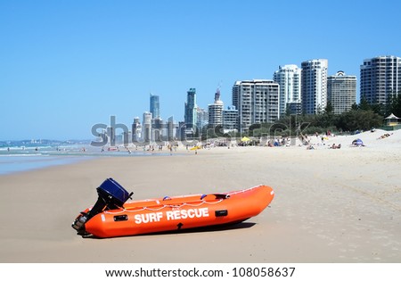 Surf rescue boat against the Surfers Paradise skyline on the Gold Coast Australia.