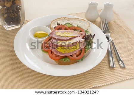 Delicious open corn beef open sandwich with mustard and fresh garden salad.