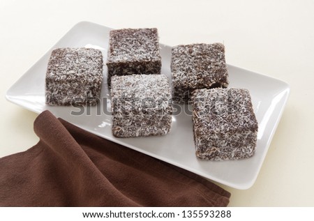 The iconic Australian cake the lamington made with chocolate and coconut.