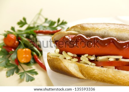 Freshly prepared hot dog with ketchup tomato cheese and fresh chillies.