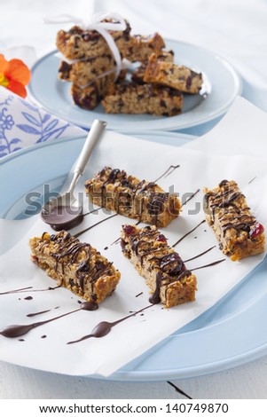 Fresh baked muesli bars with melted chocolate drizzled over the top.
