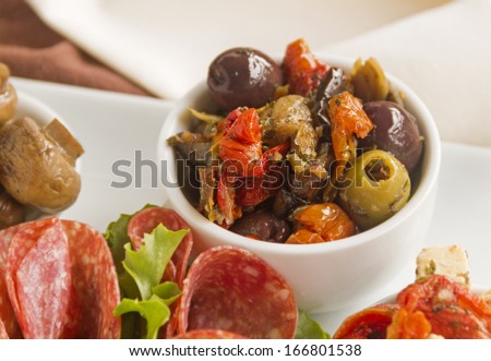 Delicious black olives and stuffed green olives with sundried tomato.