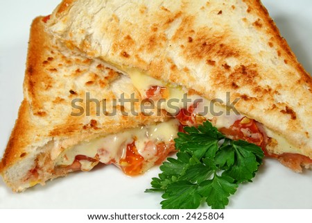 Yummy toasted cheese and tomato sandwiches with melted cheese.