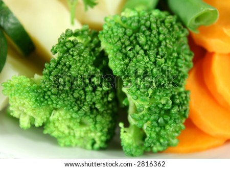 Freshly steamed broccoli and mixed vegetables ready to serve.