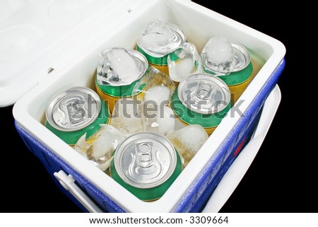 Icy cold cans of drink in a plastic cooler.