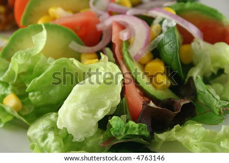 Salad background of fresh mixed salad ingredients.