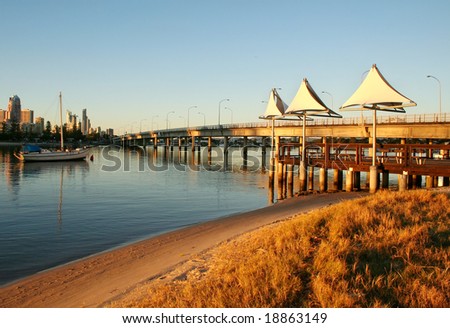 Shade sails at dawn at Southport Gold Coast Australia at the Sundale Bridge looking toward Surfers Paradise.
