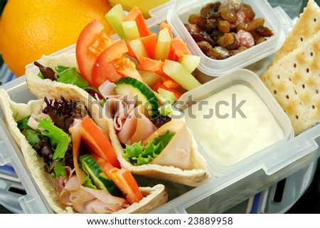 Healthy kid\'s lunch box made up of pita bread ham and salad, fresh fruit, sultanas and drinking water.