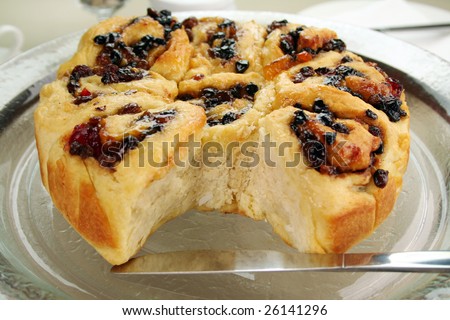 Delicious chelsea bun with dried fruit ready to serve.