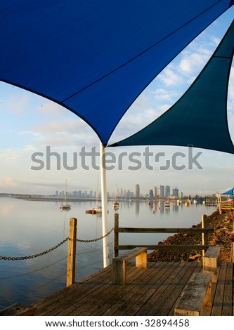 Shade sails over benches by the Broadwater on the Gold Coast Australia.