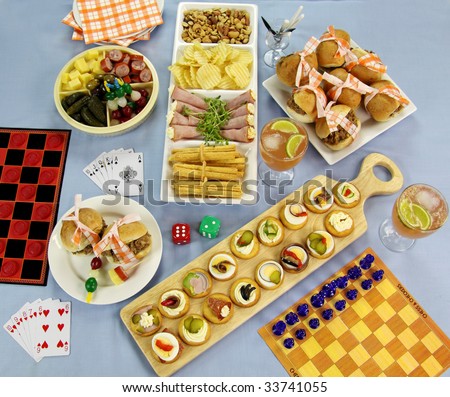Selection of finger food laid out for a night of board games.