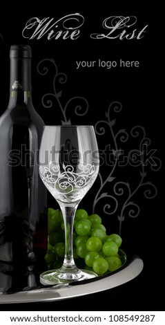 Wine list with bottle, cup and grapes in black background