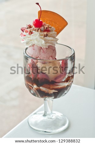 ice cream sundae with cherry topping