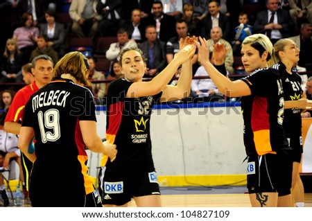 MINSK, BELARUS - MAY 30: Unidentified handball players (Germany) at the start of European Championship qualifying match (Belarus  Germany) on May 30, 2012 in Minsk, Belarus.