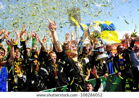 MINSK, BELARUS MAY 20: Unidentified players (FC NAFTAN) celebrate their victory in final cup match between FC NAFTAN and FC MINSK on May 20, 2012 in Minsk, Belarus