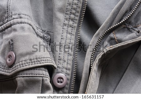 close-up view of a denim jacket, focused on a button and zip