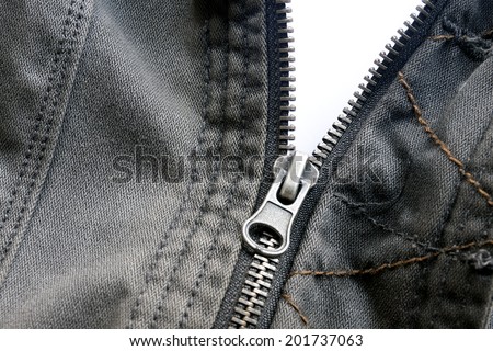 a zip is opening a denim jacket, with the background in white