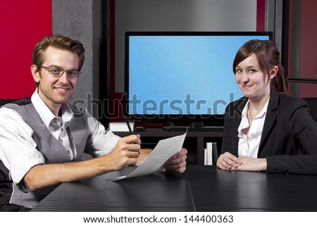 Job interview with blank display for copyspace or logo