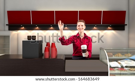 young female waitress behind the sales counter