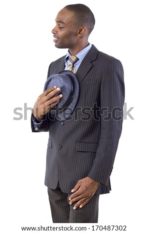 young black businessman being polite by taking hat off