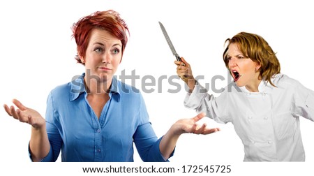 young female chef and waitress co-workers fighting