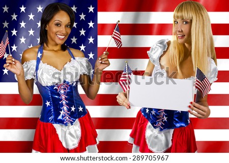 Women dressed up in a costume with the American flag on 4th of July.  The costume has the stars and stripes and the red white and blue flag colors of the USA.