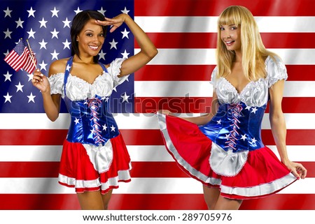 Women dressed up in a costume with the American flag on 4th of July.  The costume has the stars and stripes and the red white and blue flag colors of the USA.