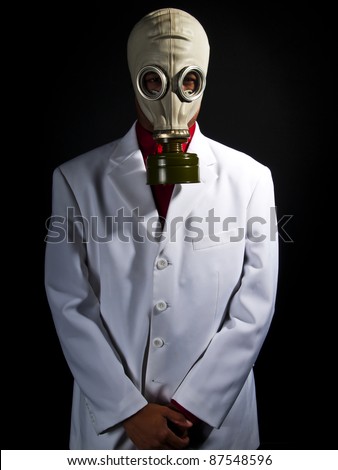 mad scientist wearing a gas mask and a lab coat