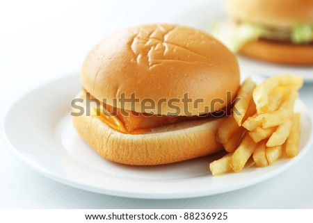 Close up of the fresh fish burger with french fries.