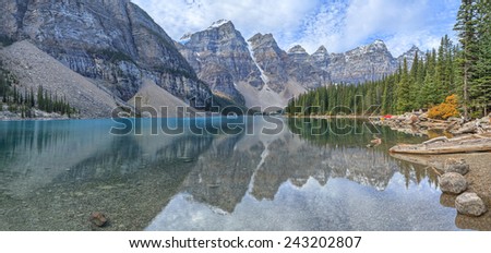 Moraine Lake is a glacially-fed lake in Banff National Park. When it is full, it reflects a distinct shade of blue.