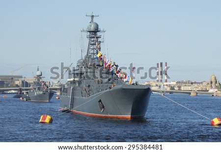 ST. PETERSBURG, RUSSIA - MAY 09, 2015: Wake column Baltic Fleet Ships on parade in honor of Victory Day