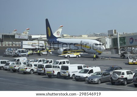 ABU DHABI, UAE - MARCH 27, 2015: Boeing 737 Next Gen (VT-JBK) airline Jet Airways to Abu Dhabi Airport