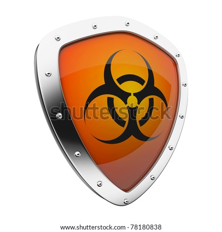 Silver shield with a biohazard symbol on an orange background.