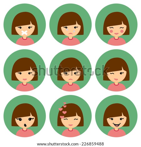 Cartoon Cute Girl with Different Emotion: Silent, Crying, Cheerful, Confused, Sad, Winking, Suprised, Laughing. Set of Vector Icons.