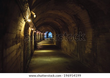 Lights along a dark tunnel with an arched ceiling.