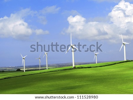 Wind turbine farm on a hillside in Cornwall  England.