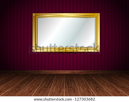 Mirror in a gold frame hanging on a red wall. Raster version.