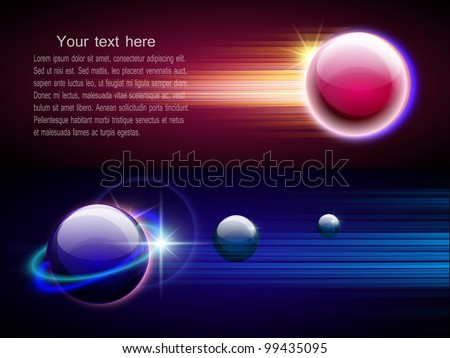 Space abstract background with motion glowing circles, spheres, planet and stars. Vector. Part of set.